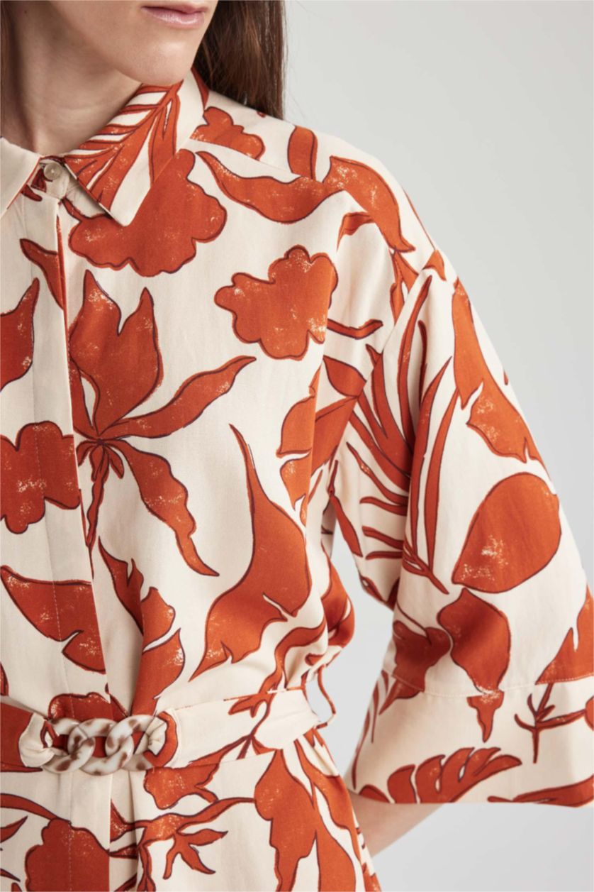 Женщины Темно-оранжевый Платье мини с воротником с коротким рукавом