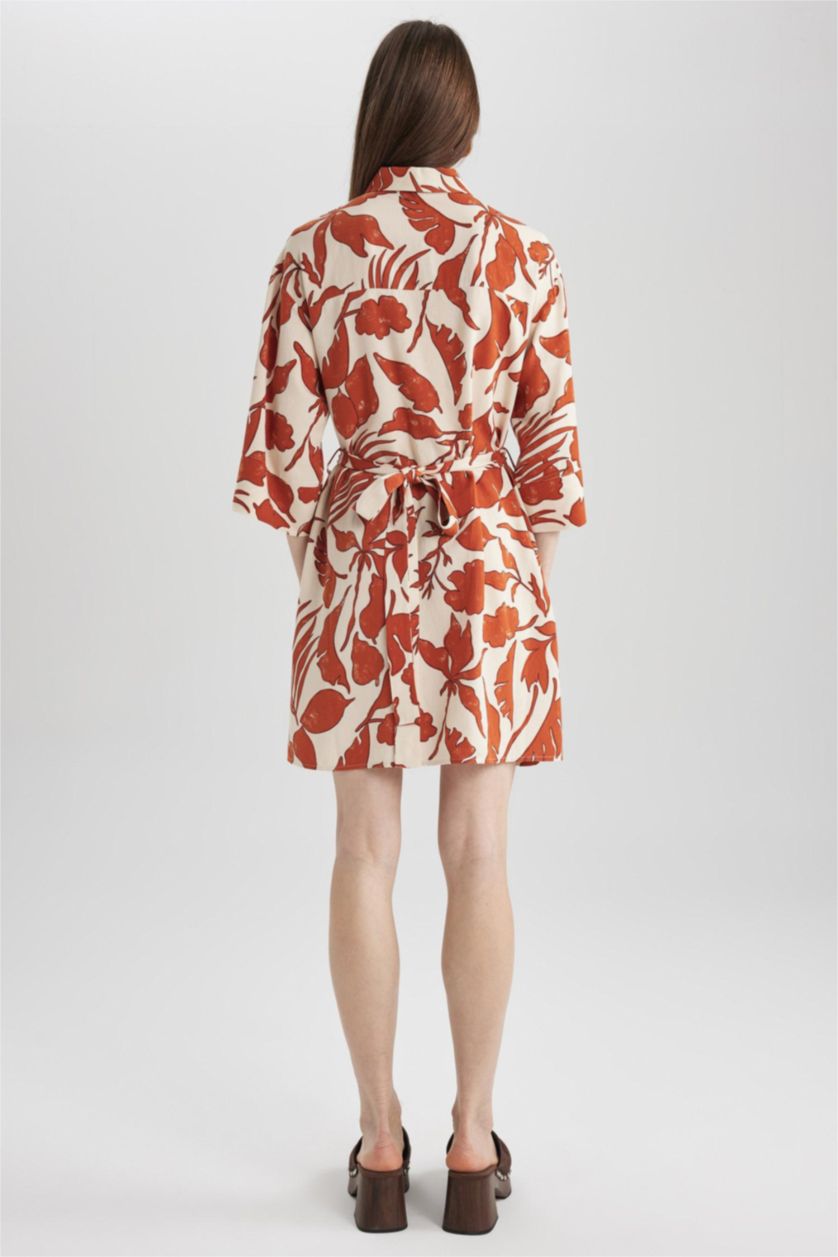 Женщины Темно-оранжевый Платье мини с воротником с коротким рукавом