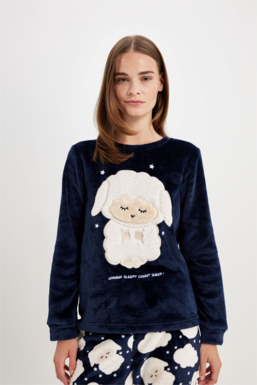Kadın Lacivert Pijama Takımı Welsoft Pelüş Baskılı Uzun Kollu Üst Desenli Beli Lastikli Alt-Fall in Love