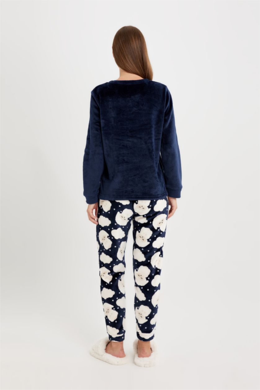 Kadın Lacivert Pijama Takımı Welsoft Pelüş Baskılı Uzun Kollu Üst Desenli Beli Lastikli Alt-Fall in Love