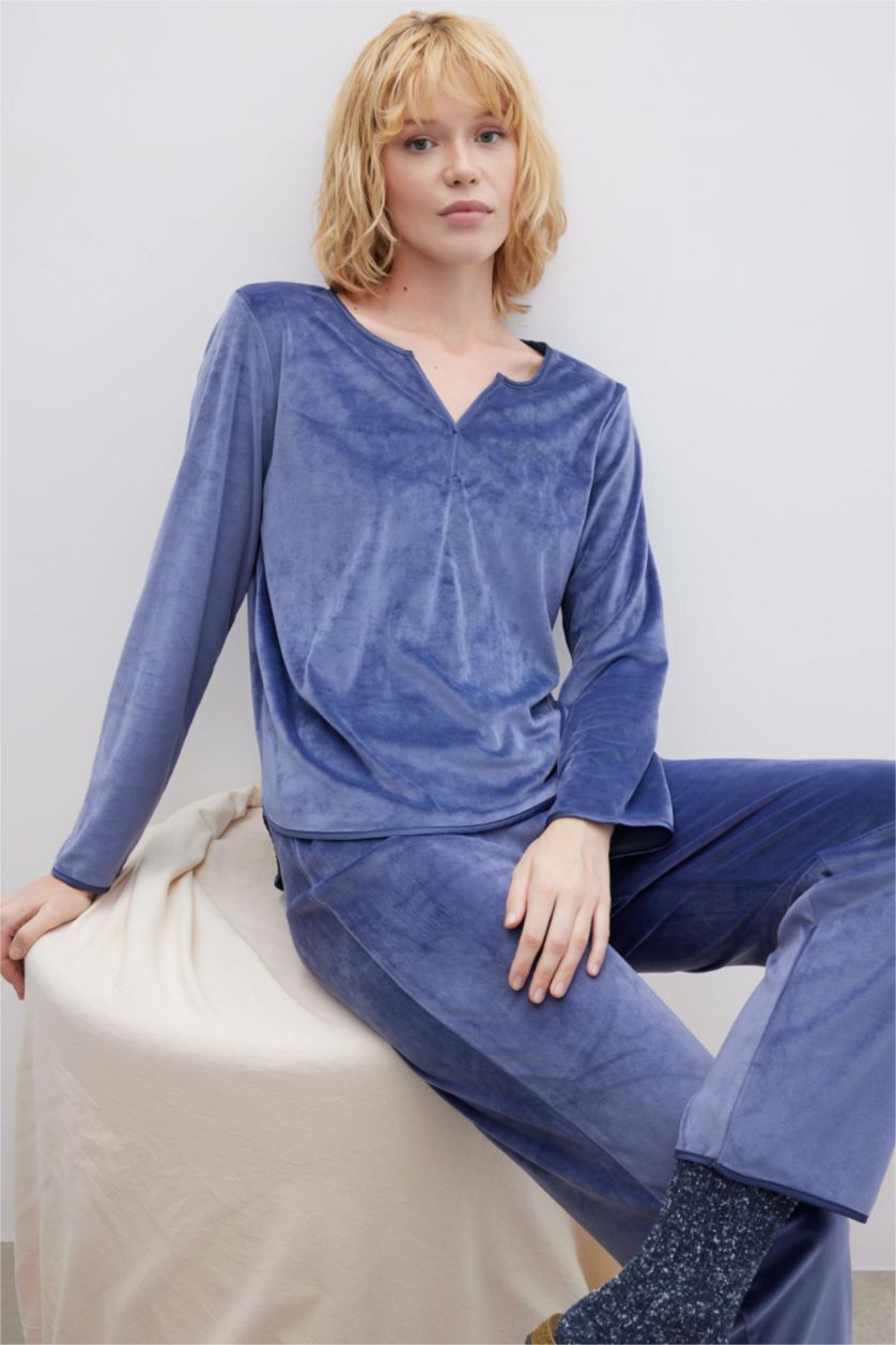 حريمي بنفسجي طقم بيجاما قصة عادية كم طويل - قطعتين