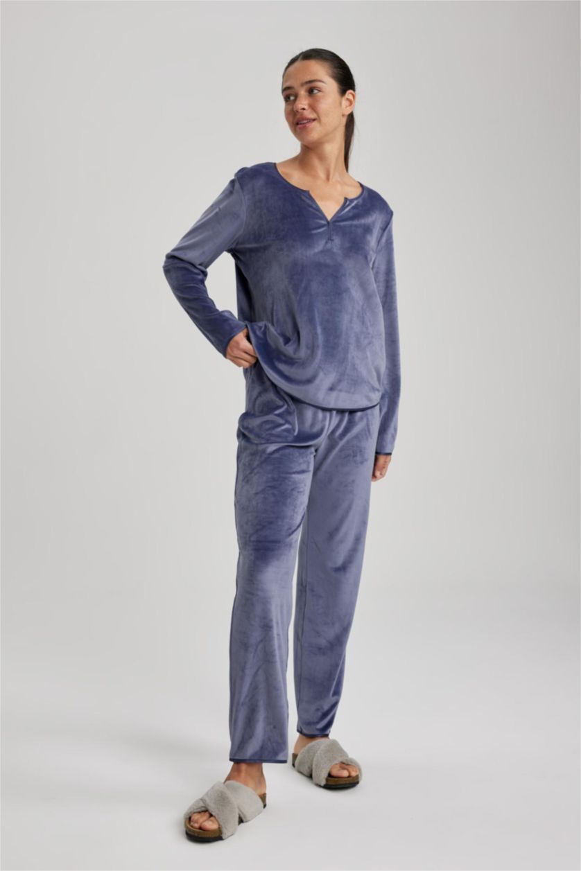 حريمي بنفسجي طقم بيجاما قصة عادية كم طويل - قطعتين