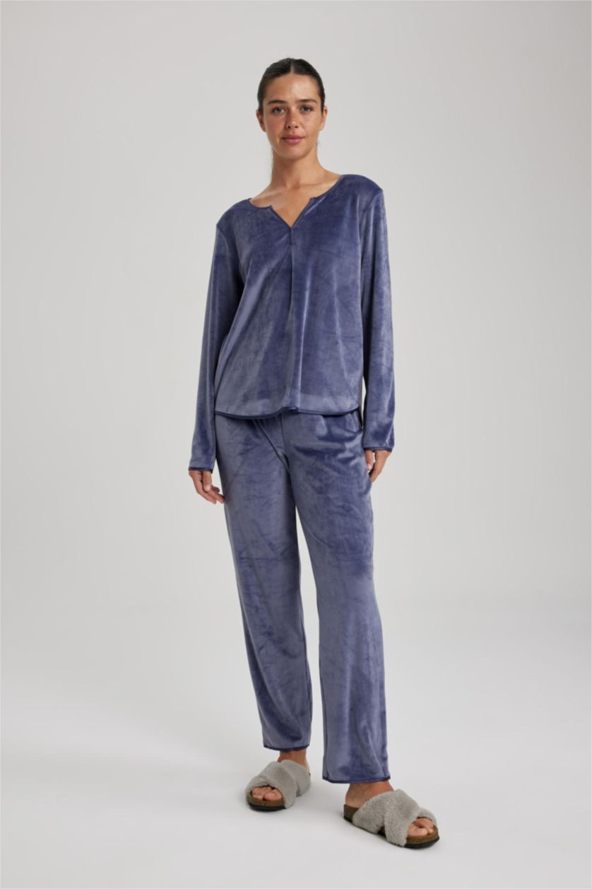 حريمي بنفسجي طقم بيجاما قصة عادية كم طويل - قطعتين