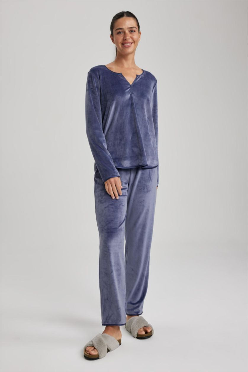 حريمي بنفسجي طقم بيجاما قصة عادية كم طويل - قطعتين