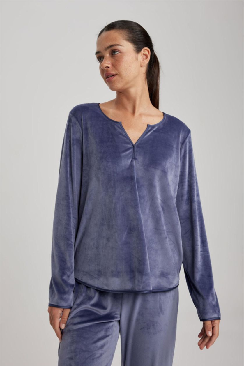 حريمي بنفسجي طقم بيجاما قصة عادية كم طويل - قطعتين