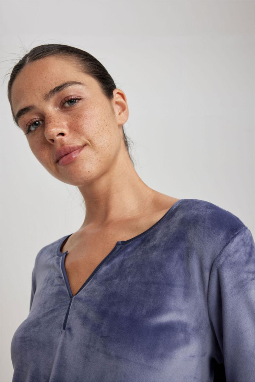 حريمي بنفسجي طقم بيجاما قصة عادية كم طويل - قطعتين