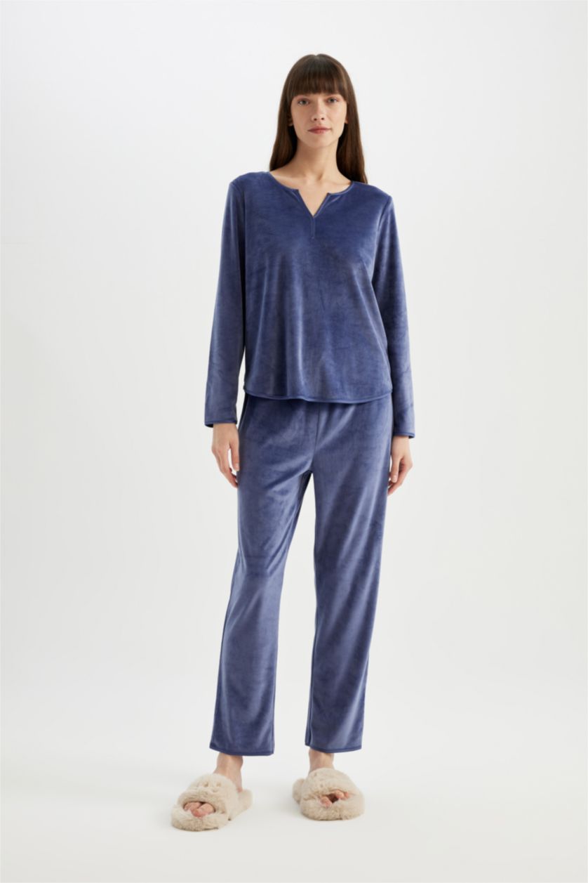 Kadın Koyu Mor Pijama Takım V Yaka  Velur Uzun Kollu Üst Uzun Alt