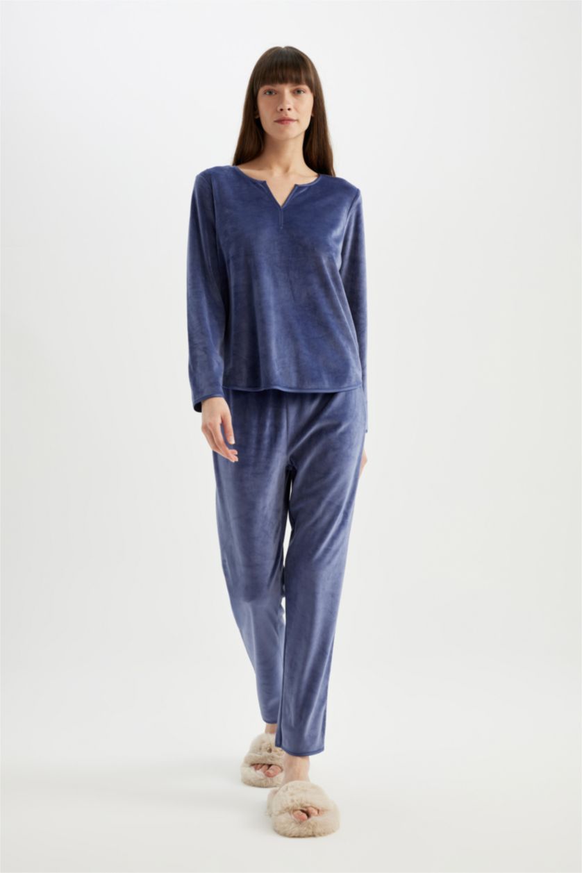 Kadın Koyu Mor Pijama Takım V Yaka  Velur Uzun Kollu Üst Uzun Alt