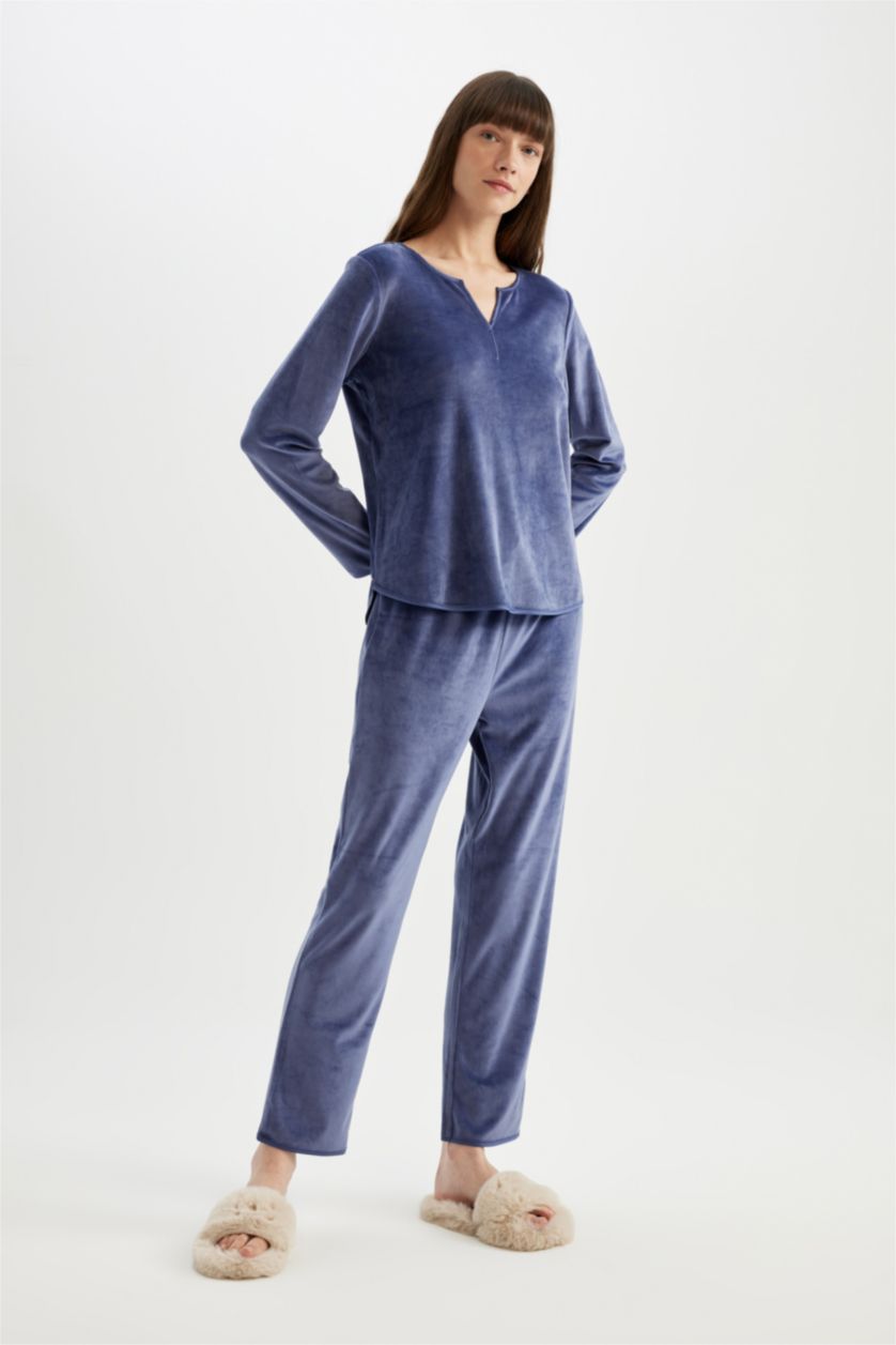 Kadın Koyu Mor Pijama Takım V Yaka  Velur Uzun Kollu Üst Uzun Alt