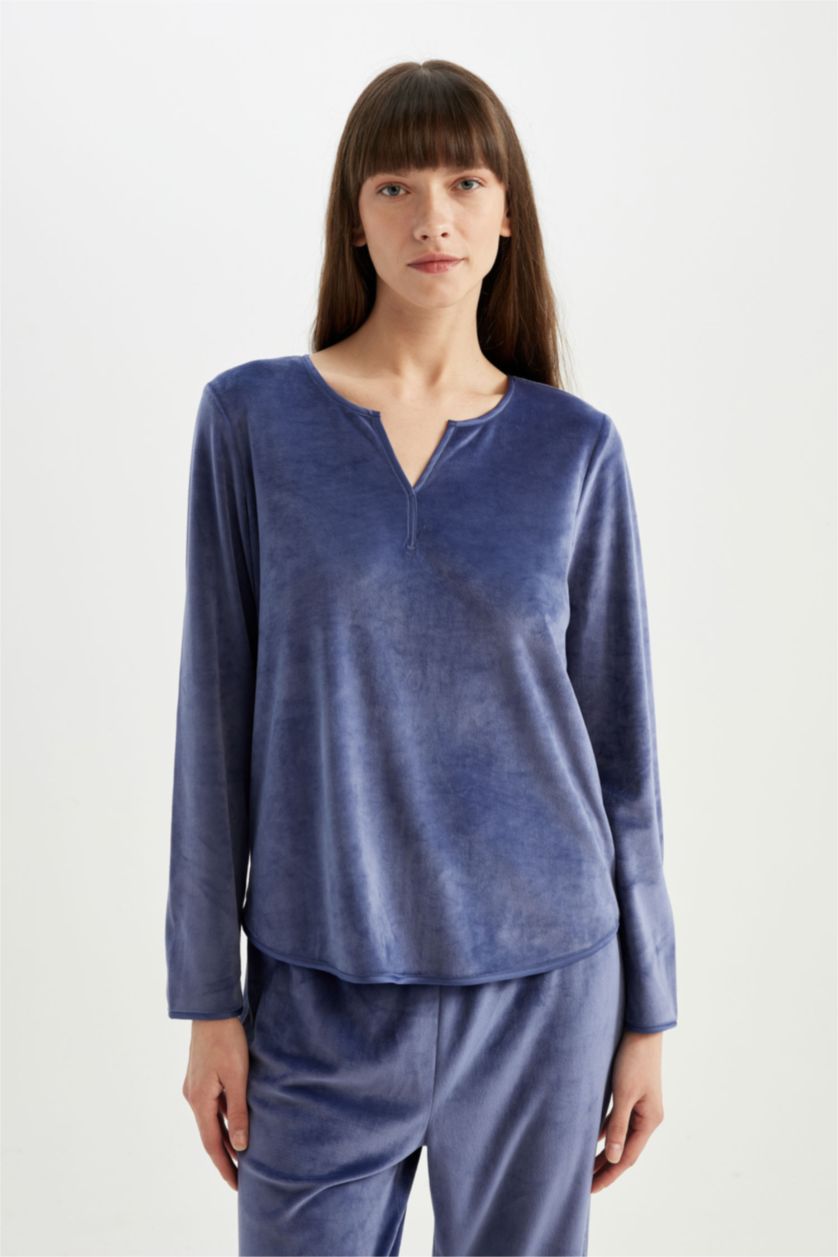 Kadın Koyu Mor Pijama Takım V Yaka  Velur Uzun Kollu Üst Uzun Alt