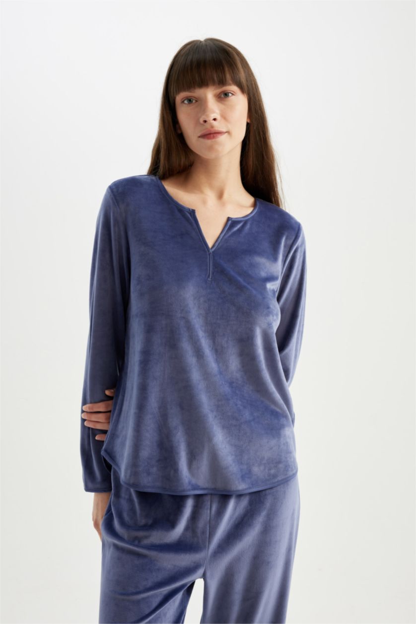 Kadın Koyu Mor Pijama Takım V Yaka  Velur Uzun Kollu Üst Uzun Alt