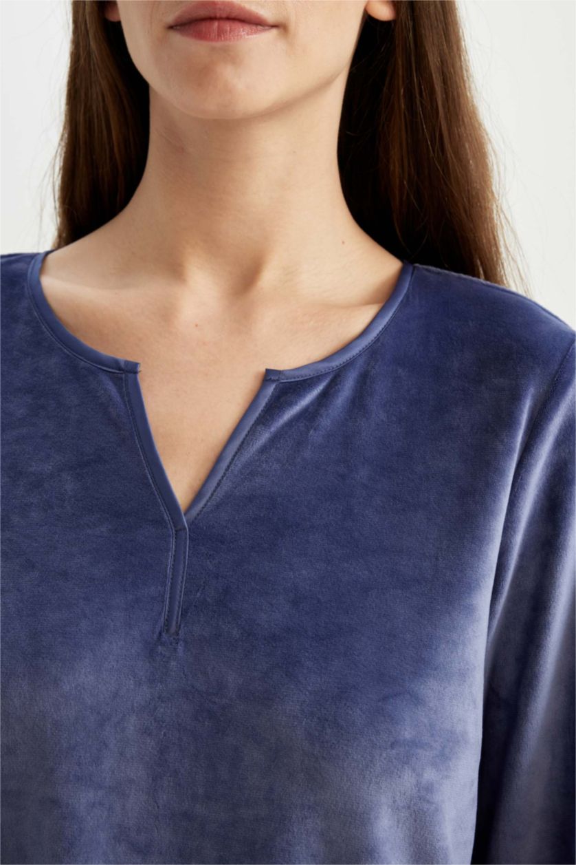 Kadın Koyu Mor Pijama Takım V Yaka  Velur Uzun Kollu Üst Uzun Alt