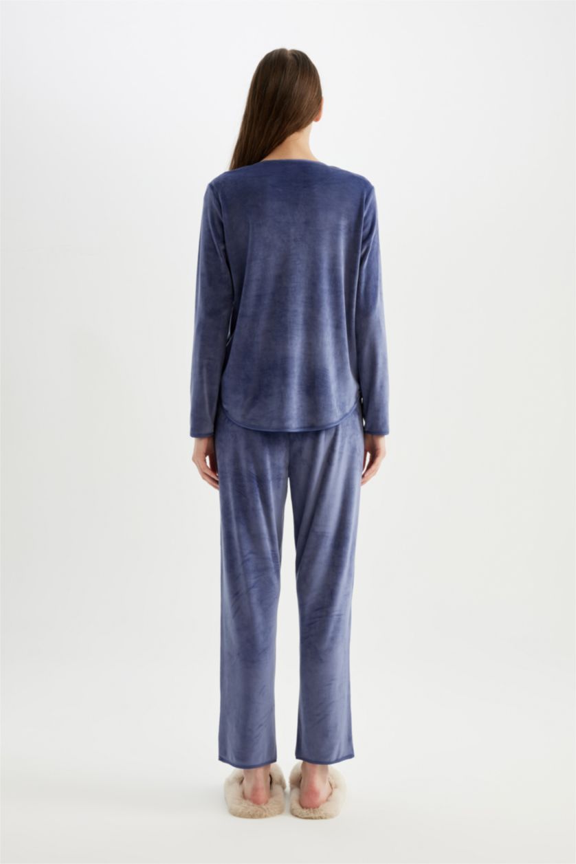 Kadın Koyu Mor Pijama Takım V Yaka  Velur Uzun Kollu Üst Uzun Alt