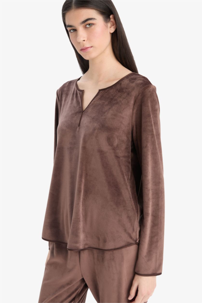 Kadın Kahve Pijama Takımı Regular Fit Uzun Kollu Velur Üst Uzun Alt