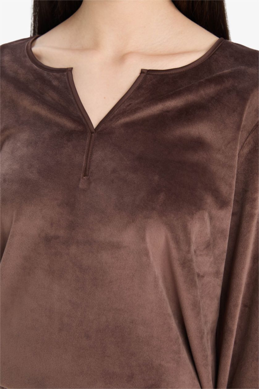 Kadın Kahve Pijama Takımı Regular Fit Uzun Kollu Velur Üst Uzun Alt