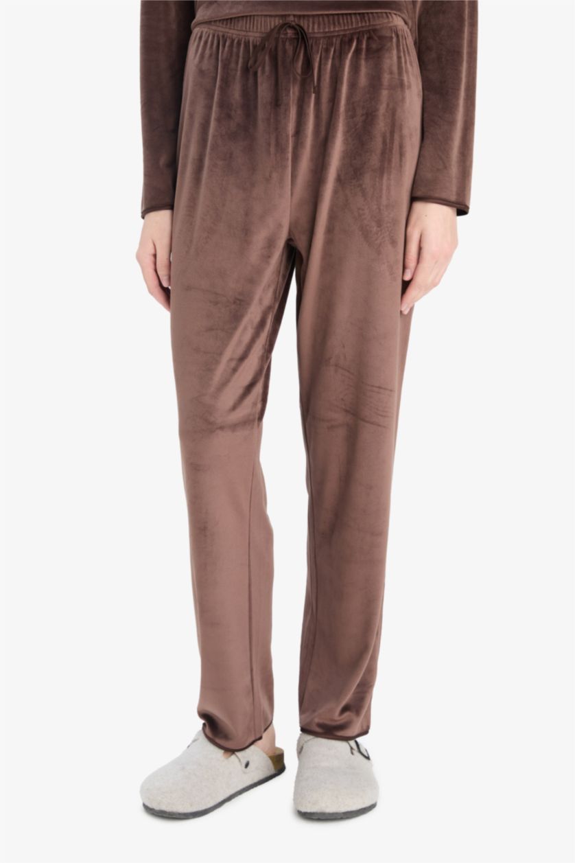 Kadın Kahve Pijama Takımı Regular Fit Uzun Kollu Velur Üst Uzun Alt