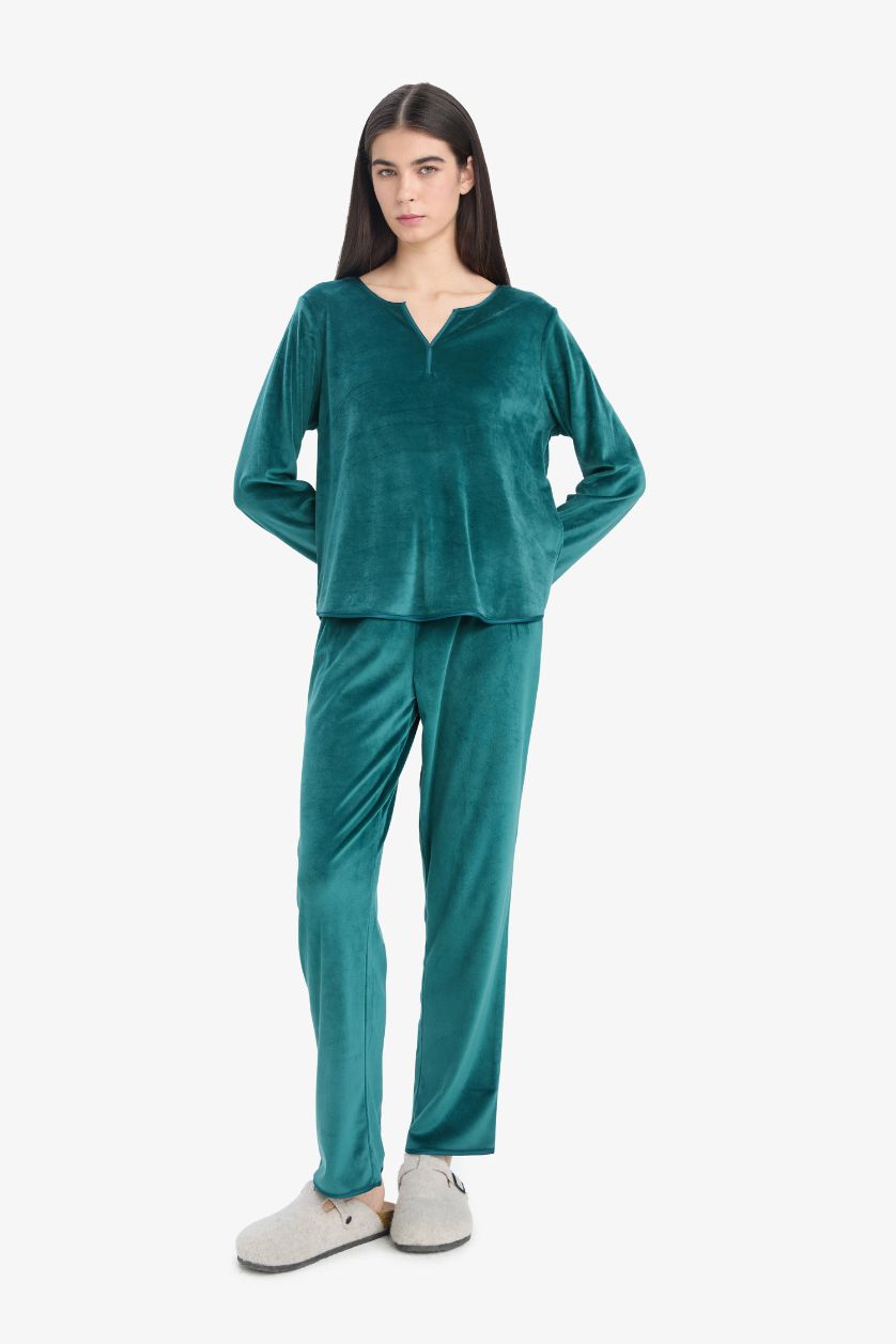Kadın Yeşil Pijama Takımı Regular Fit Uzun Kollu Velur Üst Uzun Alt