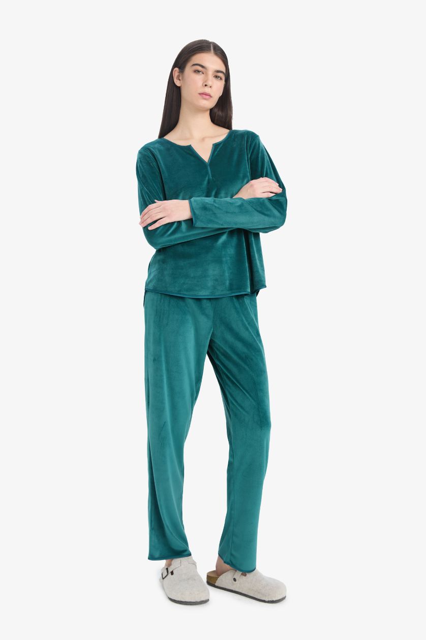 Kadın Yeşil Pijama Takımı Regular Fit Uzun Kollu Velur Üst Uzun Alt