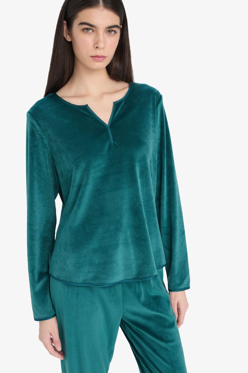 Kadın Yeşil Pijama Takımı Regular Fit Uzun Kollu Velur Üst Uzun Alt