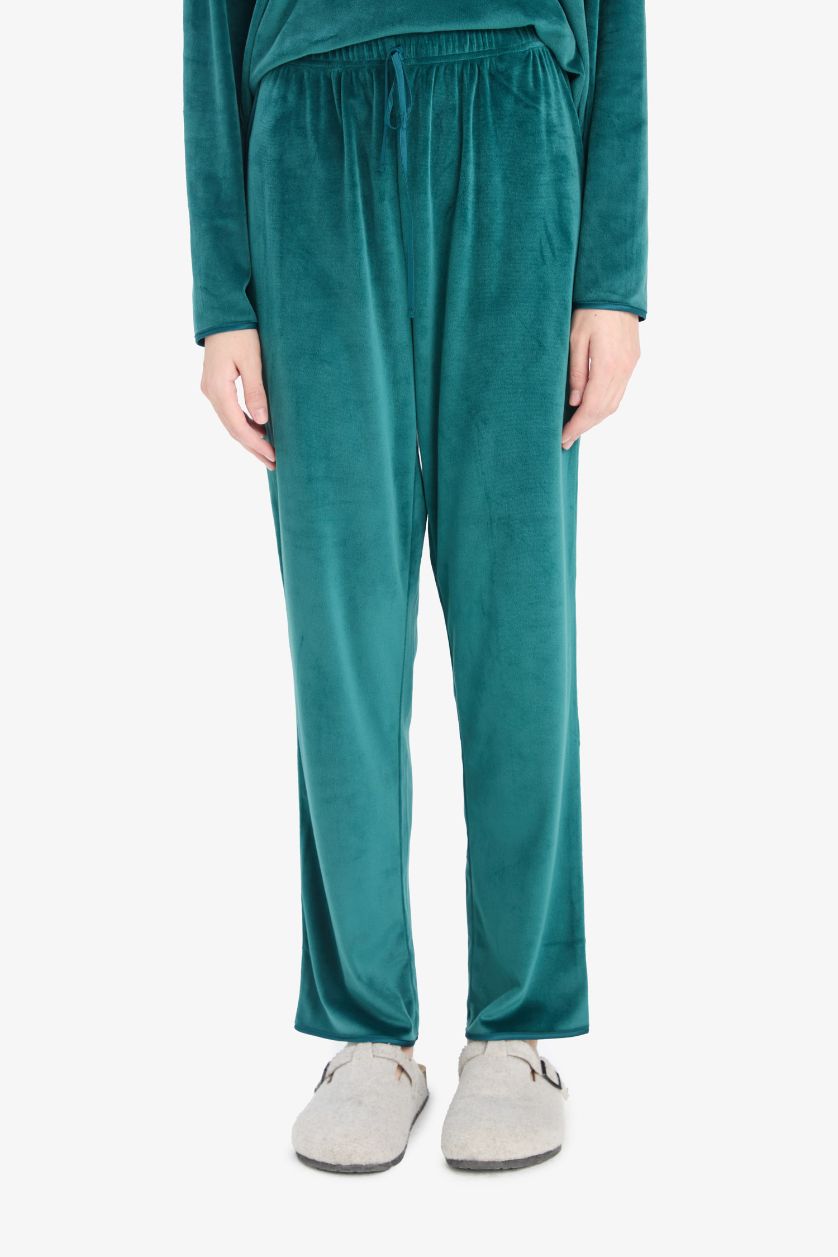 Kadın Yeşil Pijama Takımı Regular Fit Uzun Kollu Velur Üst Uzun Alt