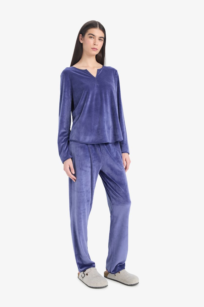 Kadın Menekşe Pijama Takımı Regular Fit Uzun Kollu Velur Üst Uzun Alt