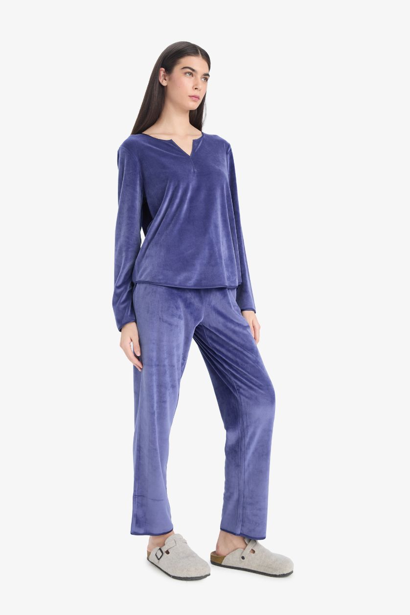 Kadın Menekşe Pijama Takımı Regular Fit Uzun Kollu Velur Üst Uzun Alt