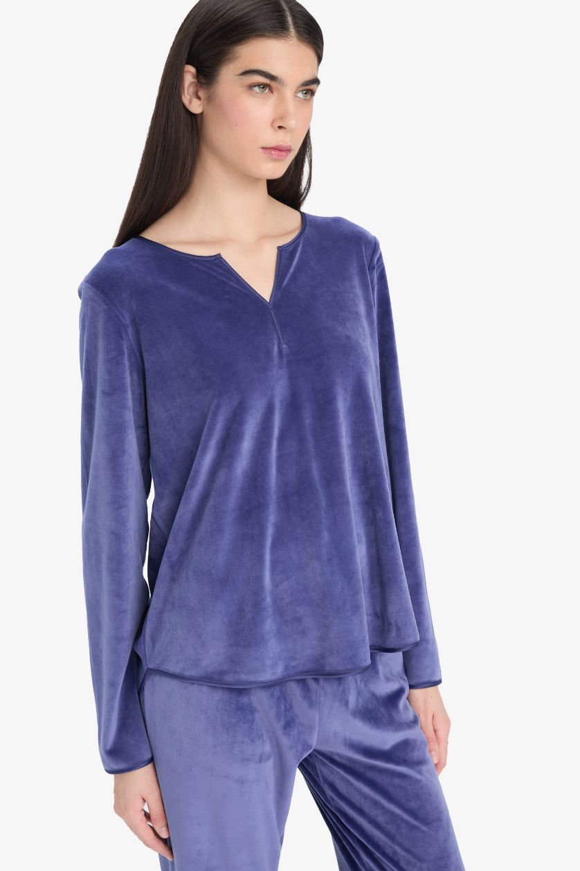 Kadın Menekşe Pijama Takımı Regular Fit Uzun Kollu Velur Üst Uzun Alt