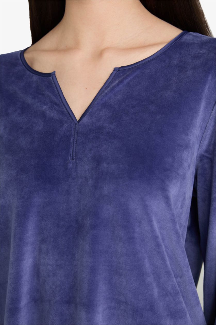 Kadın Menekşe Pijama Takımı Regular Fit Uzun Kollu Velur Üst Uzun Alt