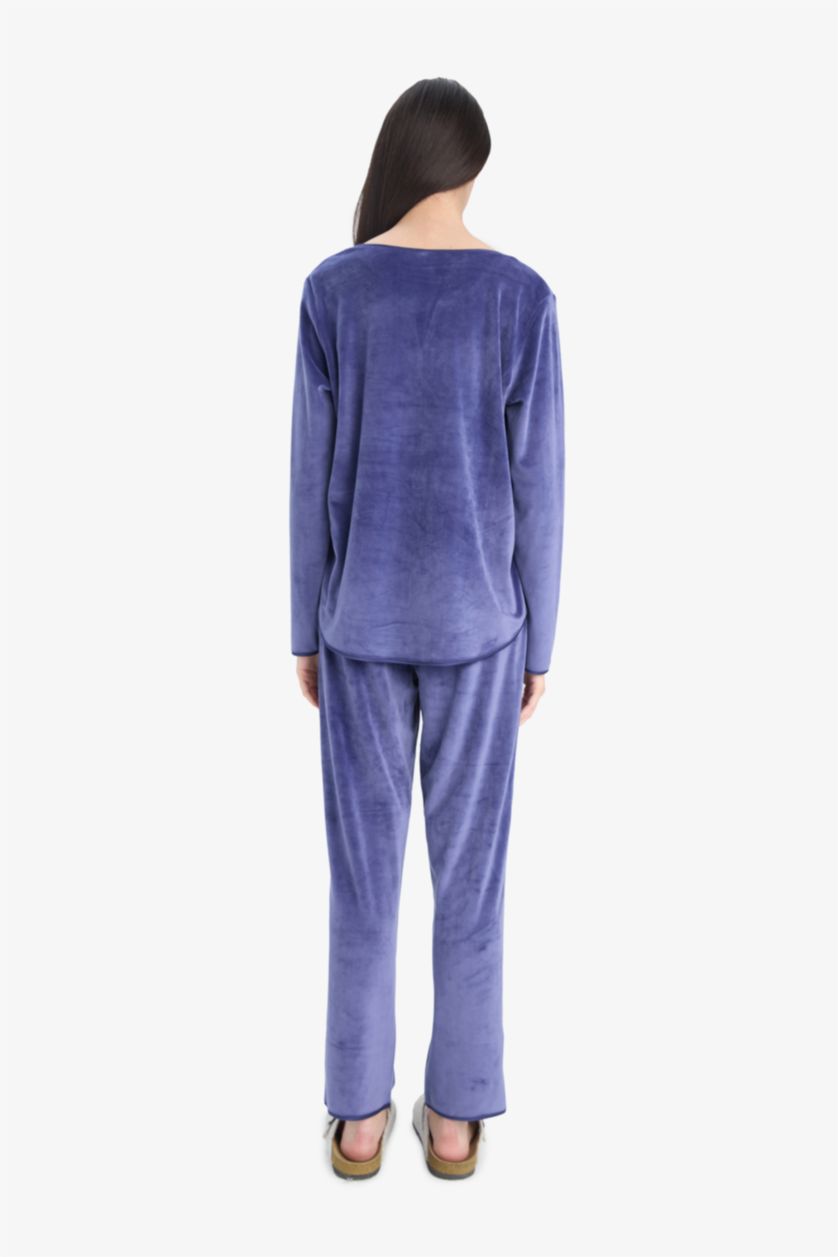 Kadın Menekşe Pijama Takımı Regular Fit Uzun Kollu Velur Üst Uzun Alt