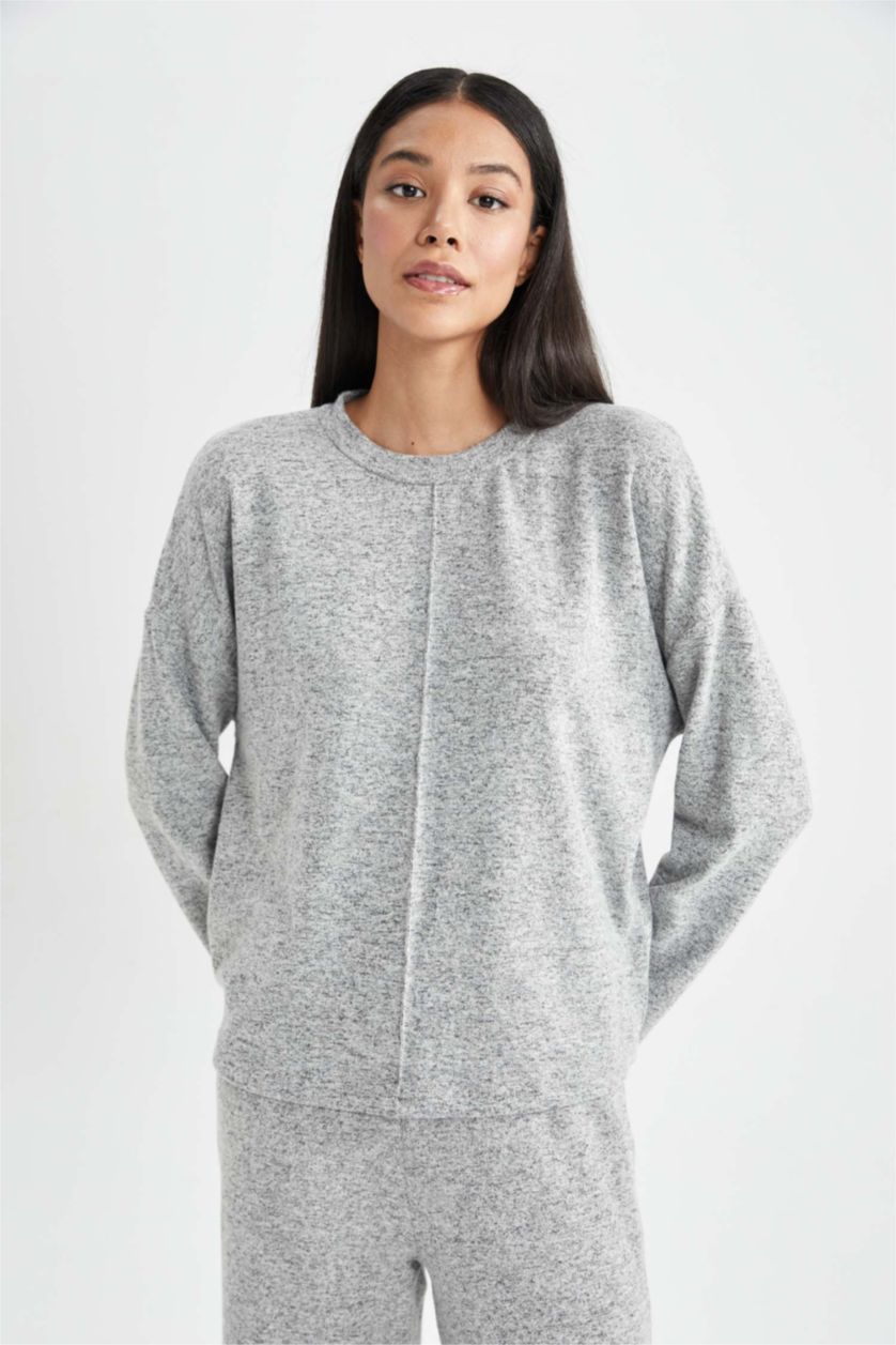 حريمي ميلانج رمادي بلوزة كاجوال قصة عادية بطبعة كريسماس