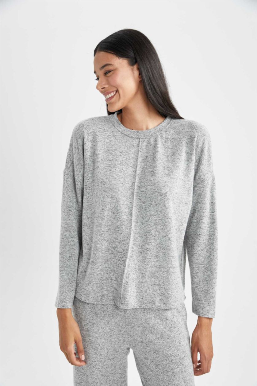 حريمي ميلانج رمادي بلوزة كاجوال قصة عادية بطبعة كريسماس