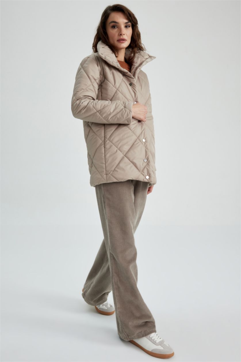 نساء اللون الرملي جاكيت بقصة عادية بياقة واقفة وتر بروف