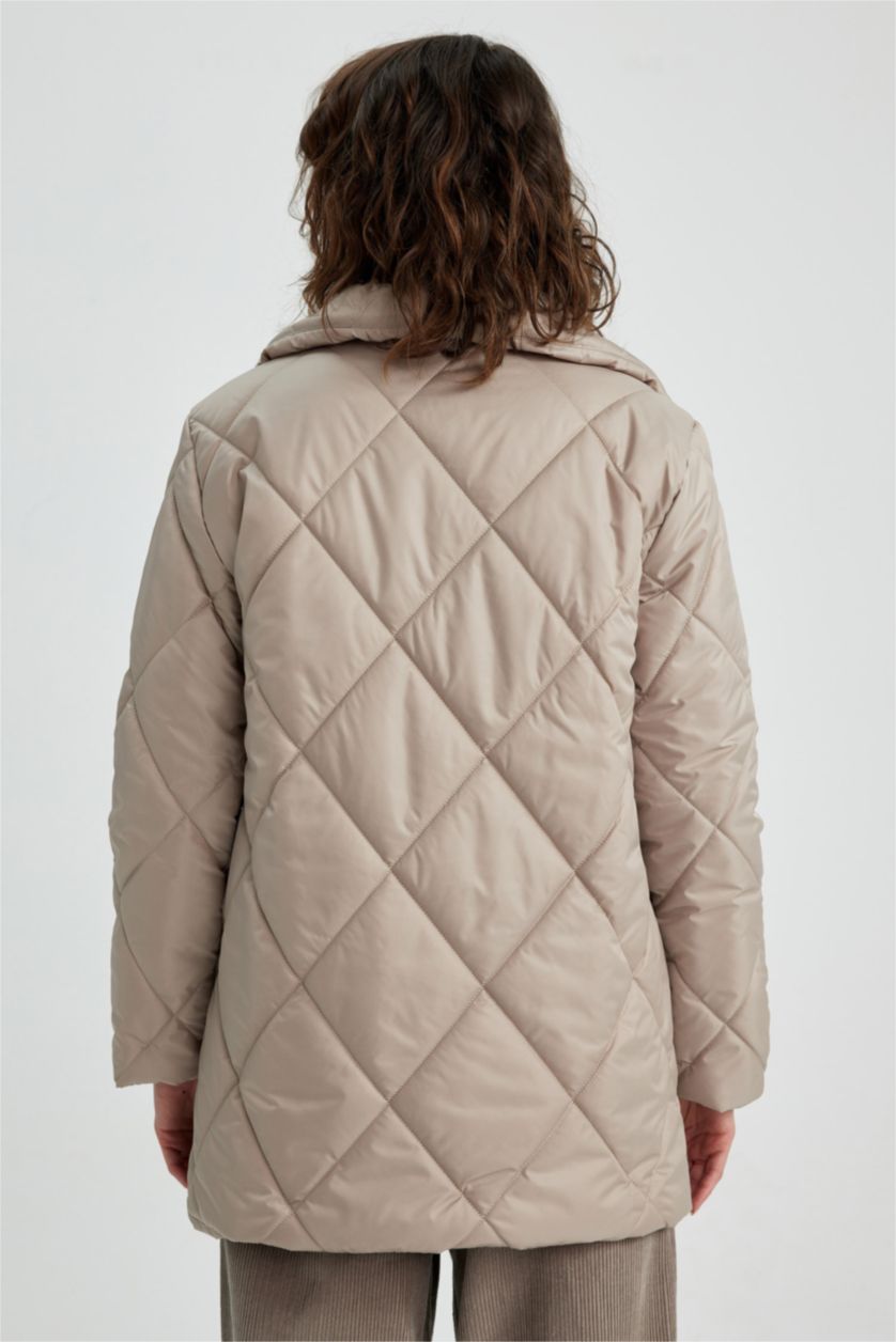 نساء اللون الرملي جاكيت بقصة عادية بياقة واقفة وتر بروف