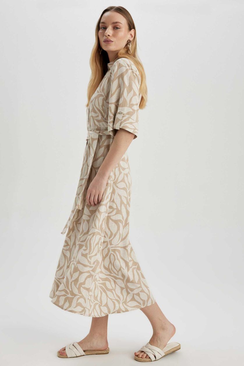 حريمي بيج فستان ميدي كتان مطبوع برقبة قميص