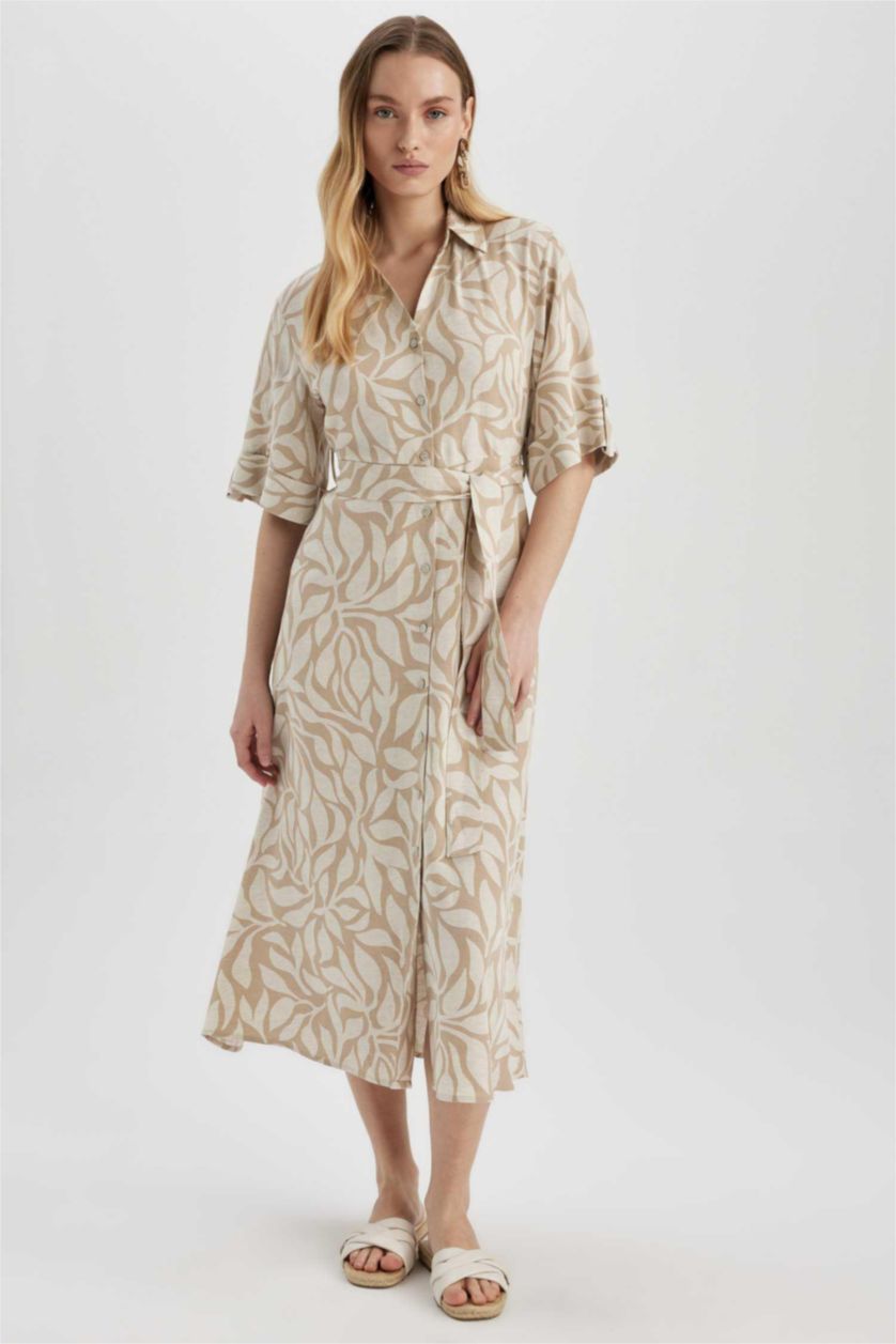 حريمي بيج فستان ميدي كتان مطبوع برقبة قميص