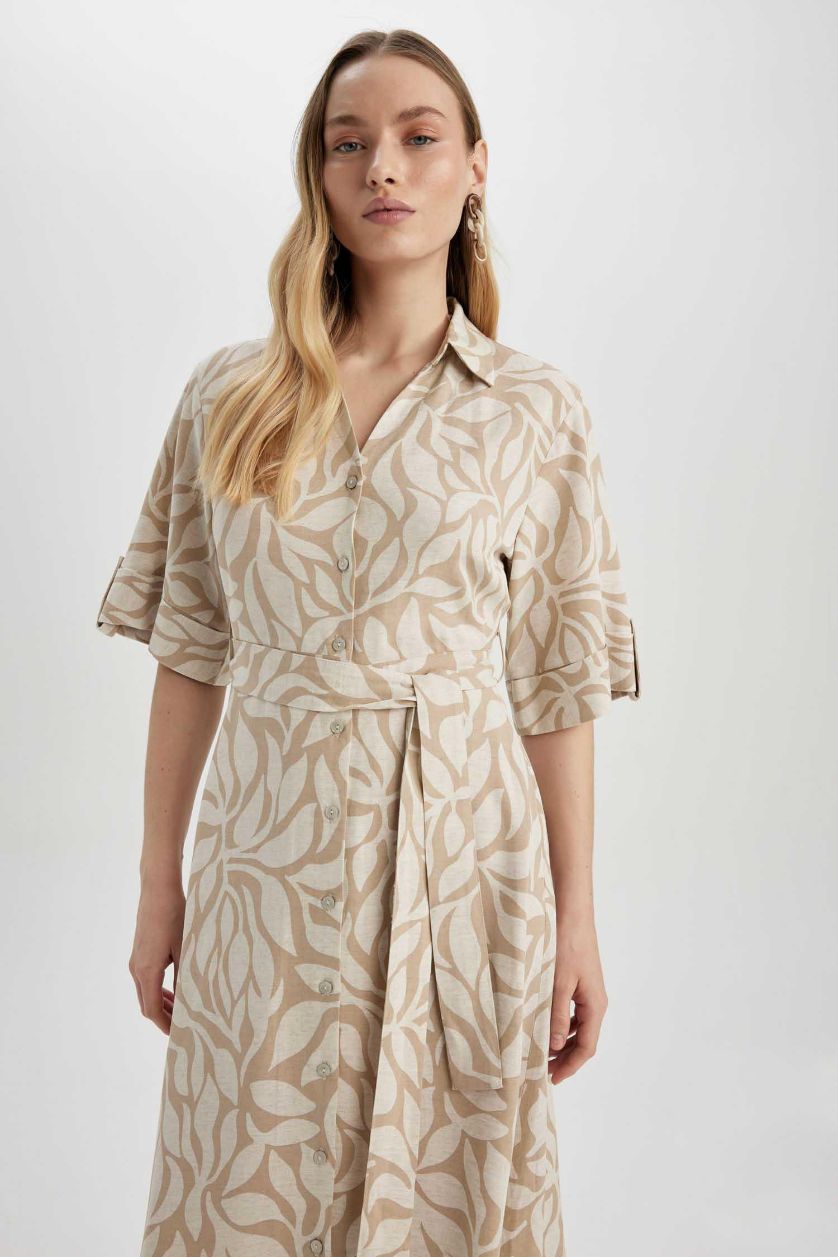 حريمي بيج فستان ميدي كتان مطبوع برقبة قميص