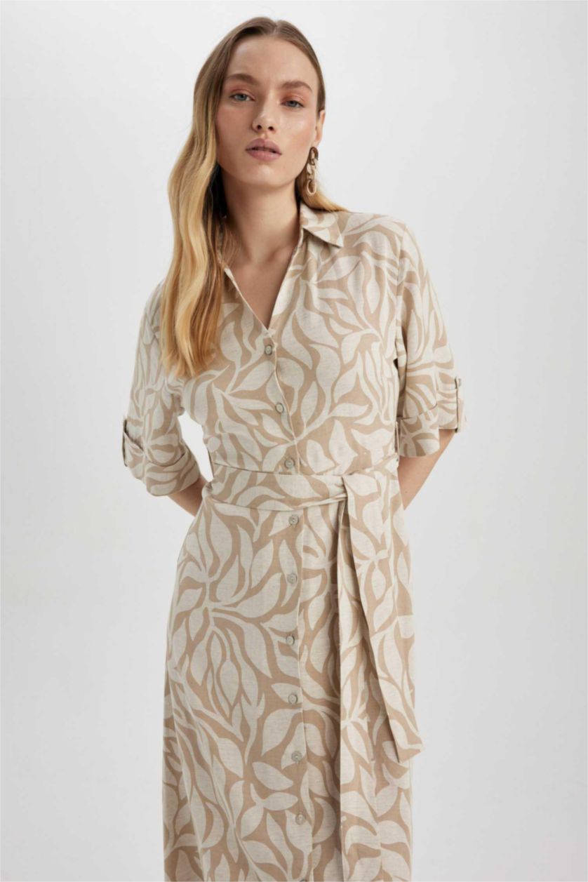 حريمي بيج فستان ميدي كتان مطبوع برقبة قميص