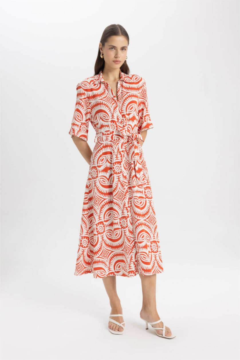 WOMAN Orange Shirt Collar Patterned Linen Blend Midi Dress