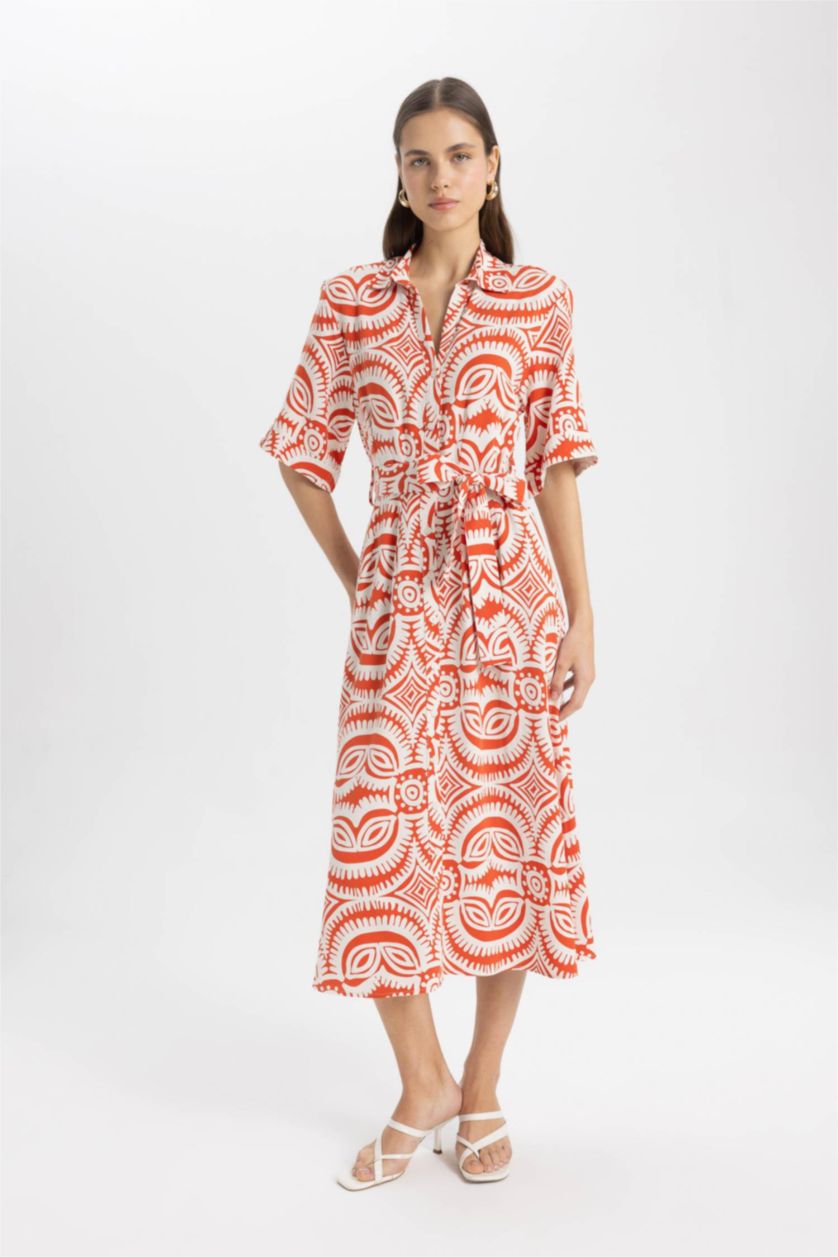 WOMAN Orange Shirt Collar Patterned Linen Blend Midi Dress