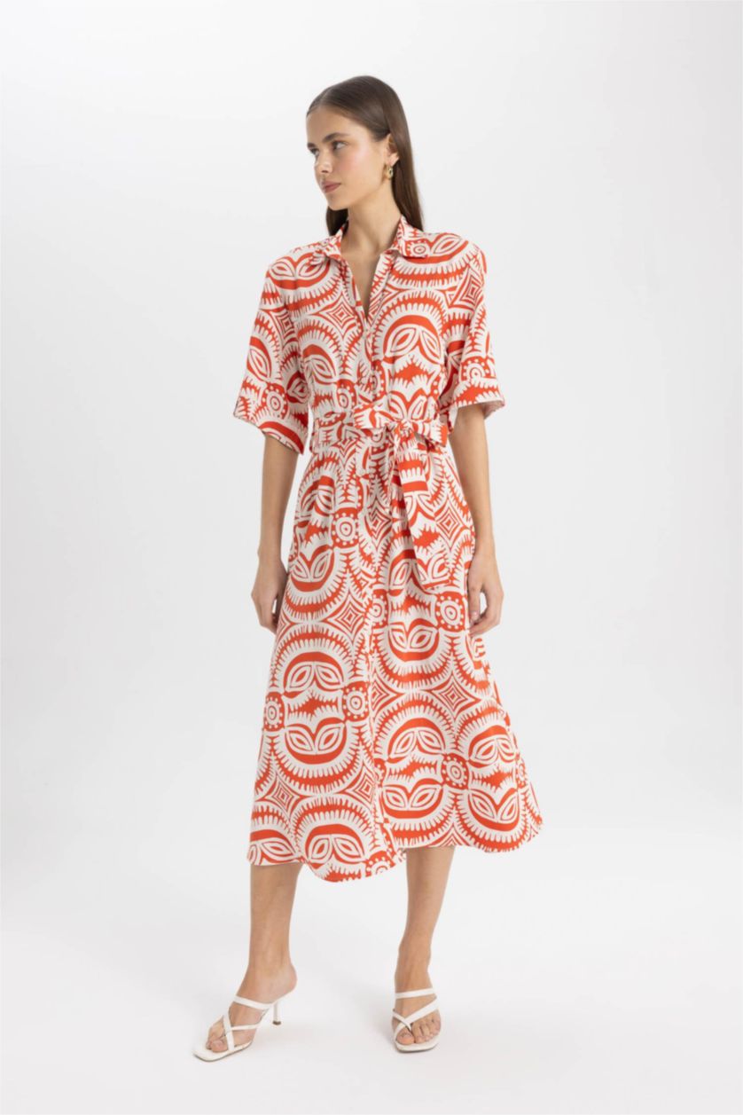 WOMAN Orange Shirt Collar Patterned Linen Blend Midi Dress