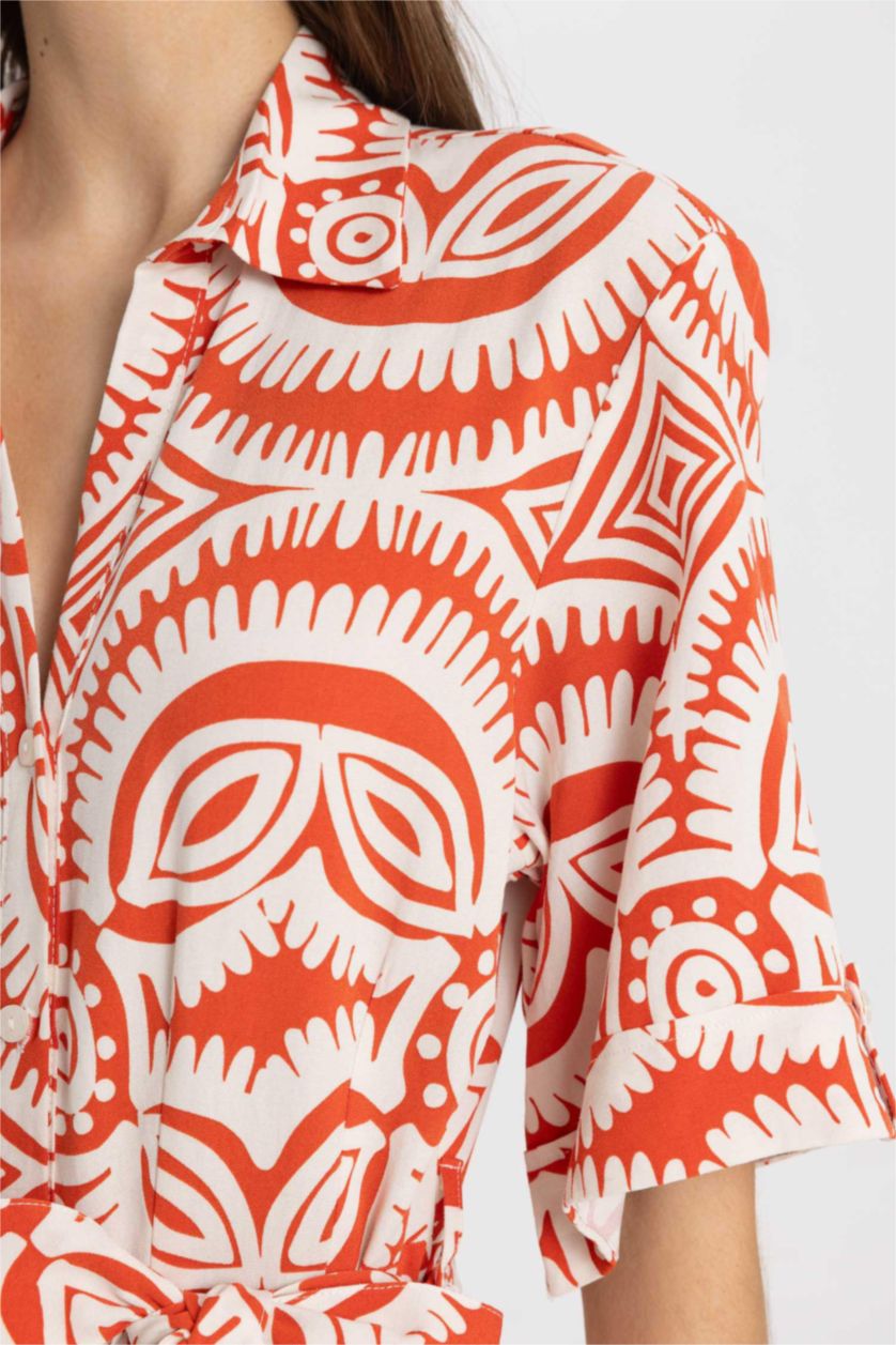 WOMAN Orange Shirt Collar Patterned Linen Blend Midi Dress