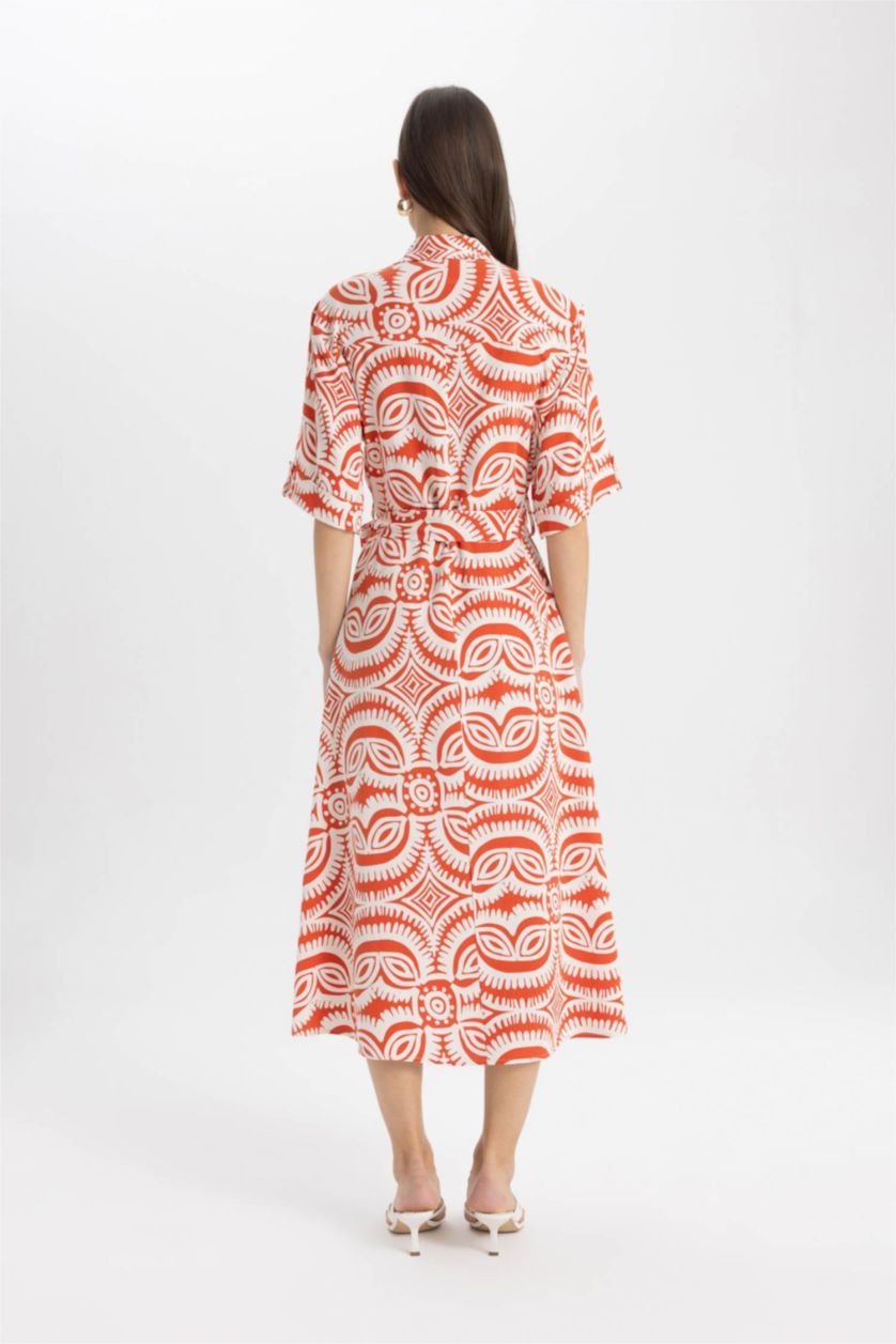WOMAN Orange Shirt Collar Patterned Linen Blend Midi Dress