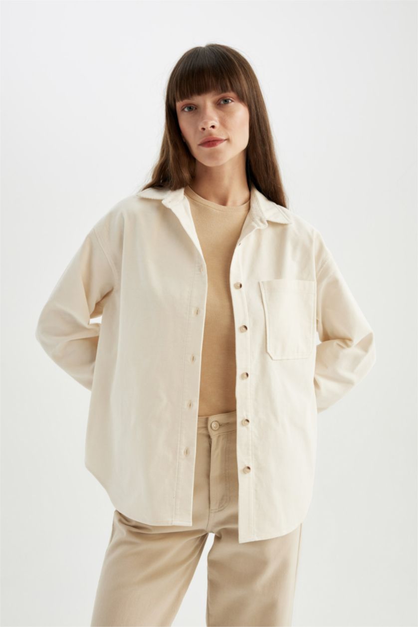 Woman Ecru Regular Fit Shirt Collar Velvet Long Sleeve Shirt