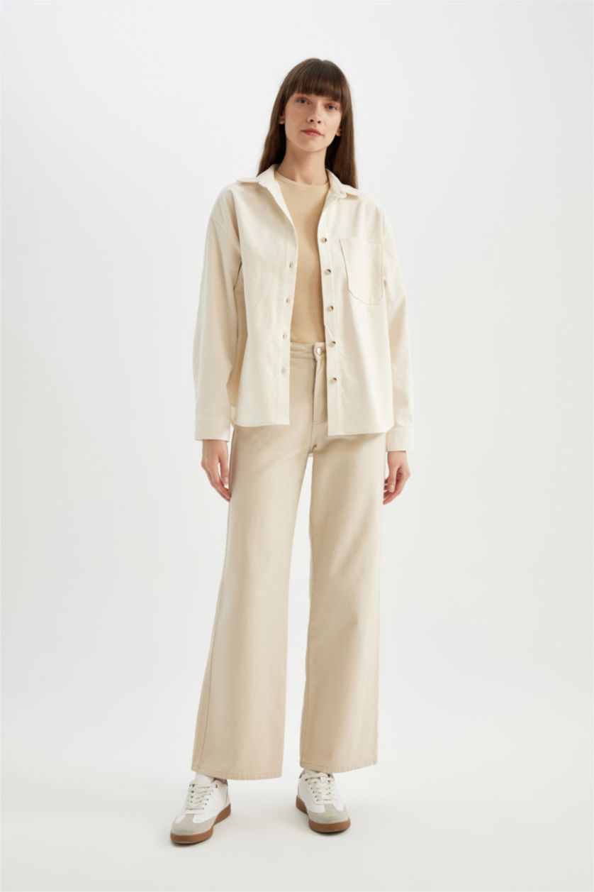 Woman Ecru Regular Fit Shirt Collar Velvet Long Sleeve Shirt