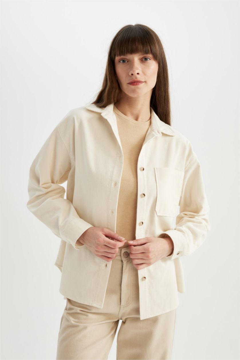 Woman Ecru Regular Fit Shirt Collar Velvet Long Sleeve Shirt