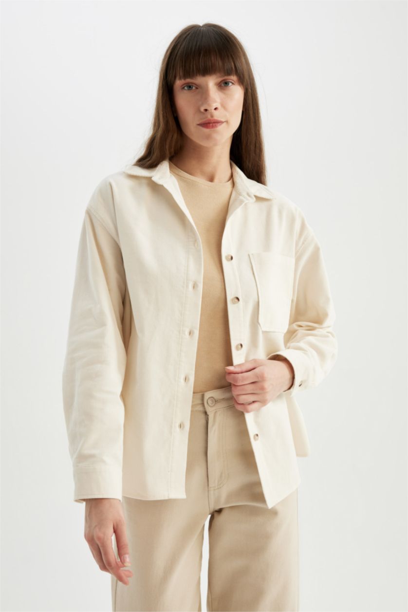 Woman Ecru Regular Fit Shirt Collar Velvet Long Sleeve Shirt