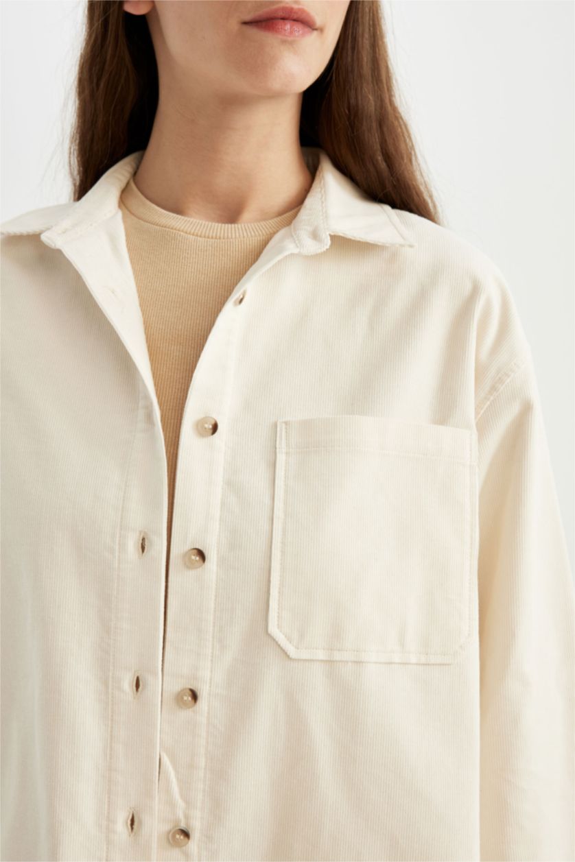 Woman Ecru Regular Fit Shirt Collar Velvet Long Sleeve Shirt