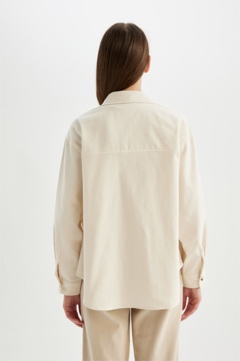 Woman Ecru Regular Fit Shirt Collar Velvet Long Sleeve Shirt