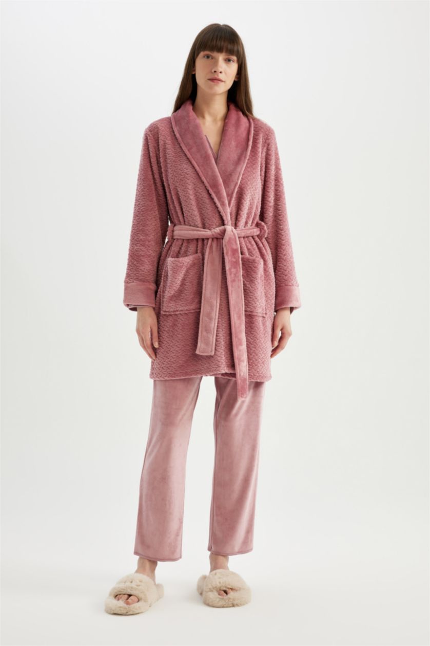 FEMME Bordeaux Peignoir long ceinturé en tissu peluche Welsoft Fall in Love""
