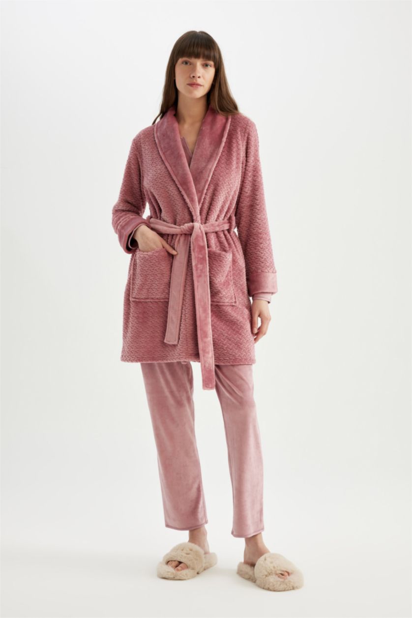 FEMME Bordeaux Peignoir long ceinturé en tissu peluche Welsoft Fall in Love""